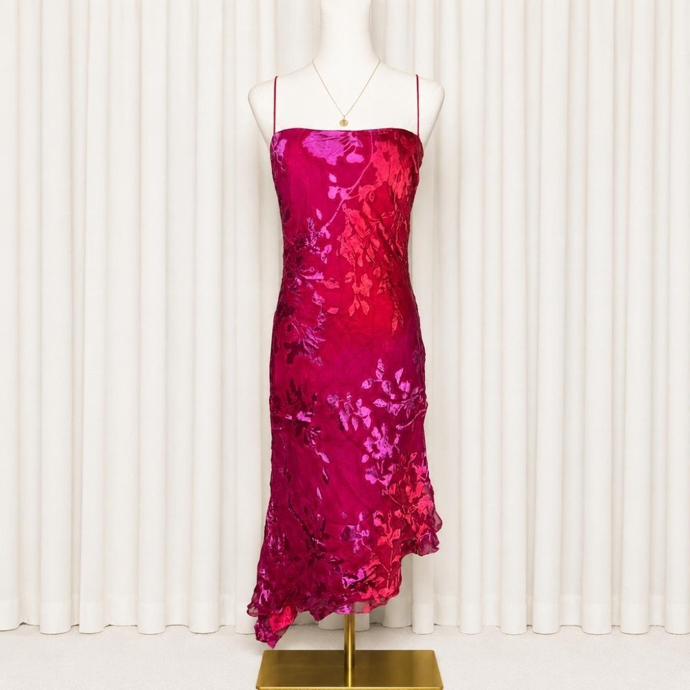 Y2K Vintage Hot Pink Silk Floral Midi Dress